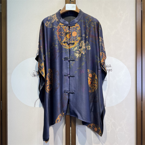 40姆米重缎香云纱定位花一字盘扣桑蚕丝蝙蝠袖上衣宽松大版8-3-8
