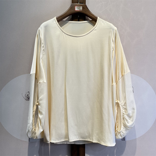 真丝弹力双乔拼乔琪纯色百搭圆领长袖通勤衬衫桑蚕丝上衣28-1-2