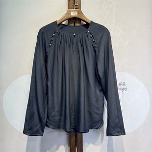 真丝双绉纯色百搭圆领落肩长袖衬衫时尚气质桑蚕丝上衣女28-2-3