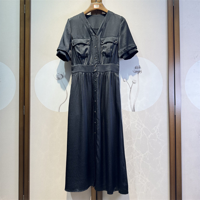 真丝珍珠缎通勤V领短袖连衣裙桑蚕丝气质收腰A字裙女5-3-10