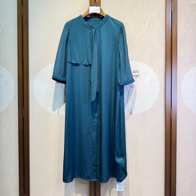 真丝弹力双乔七分袖全开襟休闲气质桑蚕丝直筒连衣裙女5-2-6