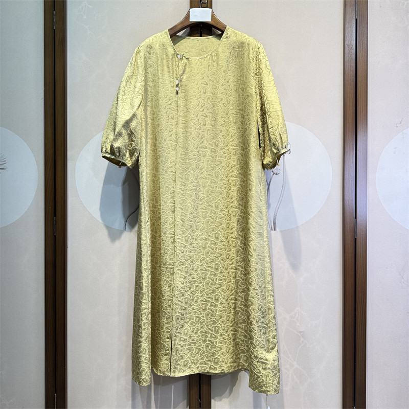 中式真丝提花花萝圆领七分袖直筒桑蚕丝时尚气质连衣裙女4-2-2