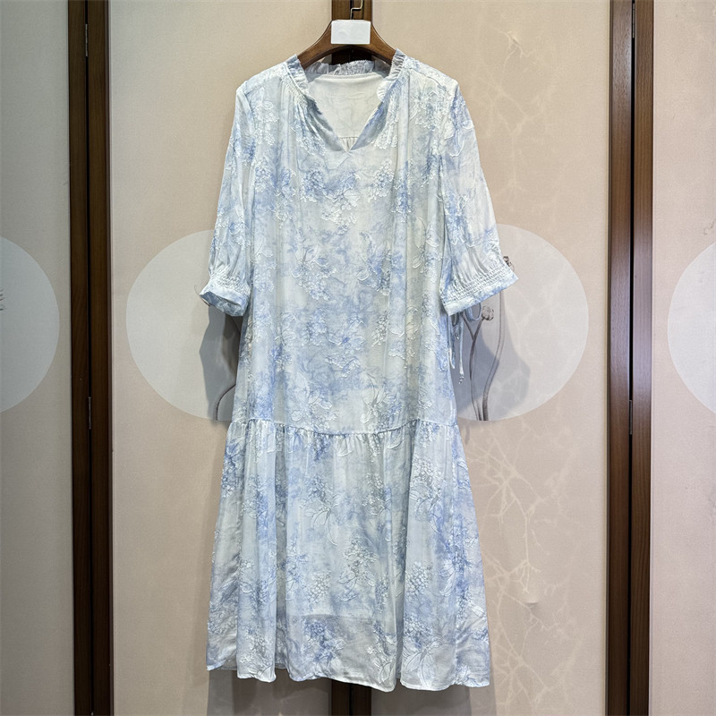 真丝剪花绡清新V领七分袖桑蚕丝气质百搭减龄双层连衣裙4-4-4