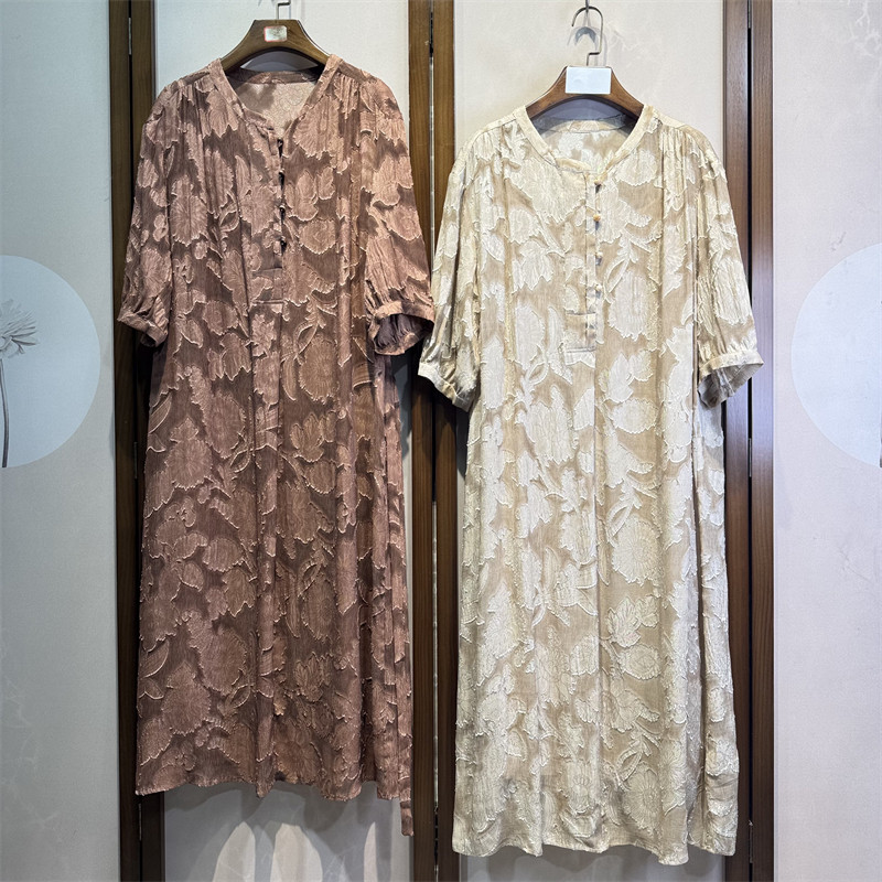 真丝顺纡剪花绡落肩七分袖桑蚕丝气质百搭小众双层连衣裙5-5-1