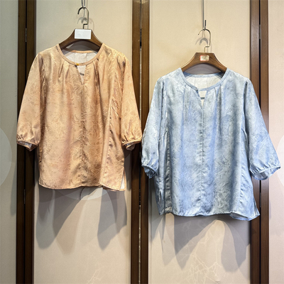 中式真丝提花花萝百搭圆领七分袖桑蚕丝清新时尚宽松上衣27-5-2