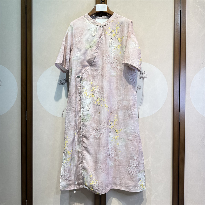 苎麻仕女图印花短袖舒适亲肤气质新中式圆领斜襟双层连衣裙11-1-5