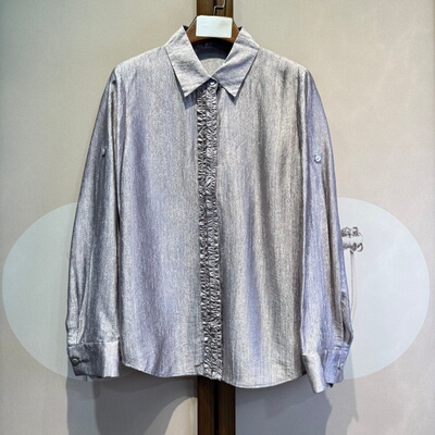 聚酯纯色气质清新百搭翻领长袖全开襟衬衫上衣27-2-3