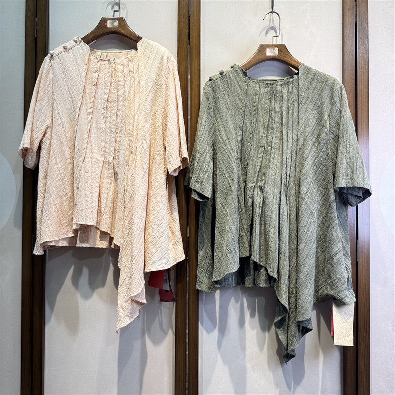 棉纯色圆领七分袖设计感套头百搭时尚宽松休闲个性上衣35-4-1