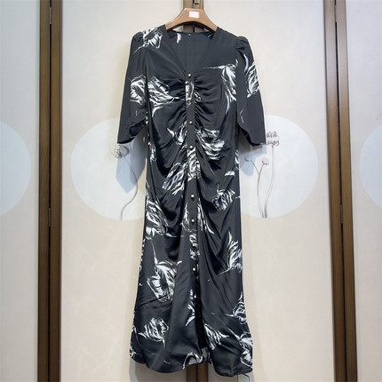 真丝双绉水墨玫瑰V领短袖全开襟收腰满分桑蚕丝百搭连衣裙女6-4-2