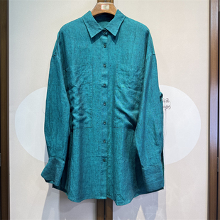 亚麻纯色衬衫领落肩长袖全开襟宽松百搭休闲气质中长款上衣26-3-1