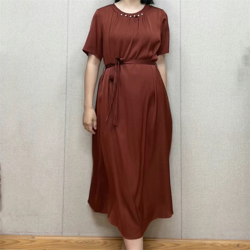 真丝双乔纯色桑蚕丝圆领短袖通勤百搭气质系带连衣裙女35-5-