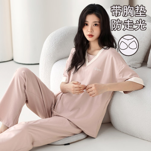 夏天自带一体固定海绵胸垫短袖长裤睡衣女士套头家居服可外穿套装