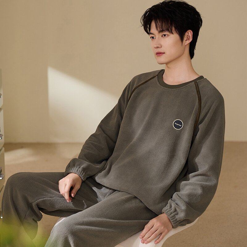 冬季珊瑚绒睡衣套装男士圆领套头长袖长裤家居服加大码宽松可外穿