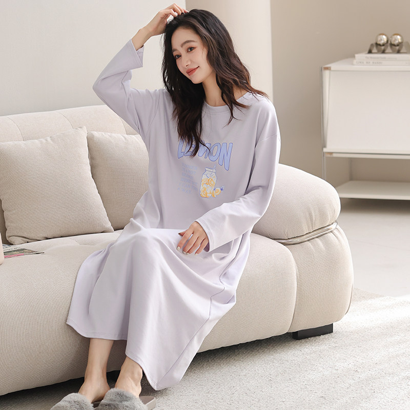 加长版春秋纯棉长袖大码睡裙女士