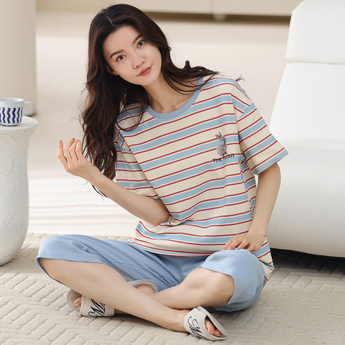 夏天全棉质短袖七分裤睡衣女款圆领套头纯棉家居服条纹薄款可外穿