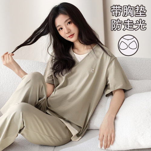 可外穿夏天短袖长裤睡衣免穿内衣自带海绵家居服女款薄款莫代尔棉