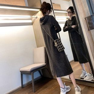 韩系软糯中长款连帽毛衣裙女春秋2025新款内搭叠穿打底针织连衣裙