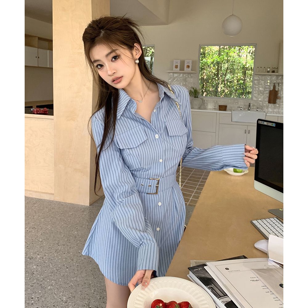 YOLO_法式蓝色条纹绑带衬衫连衣裙女秋季高级感辣妹气质a字两件套