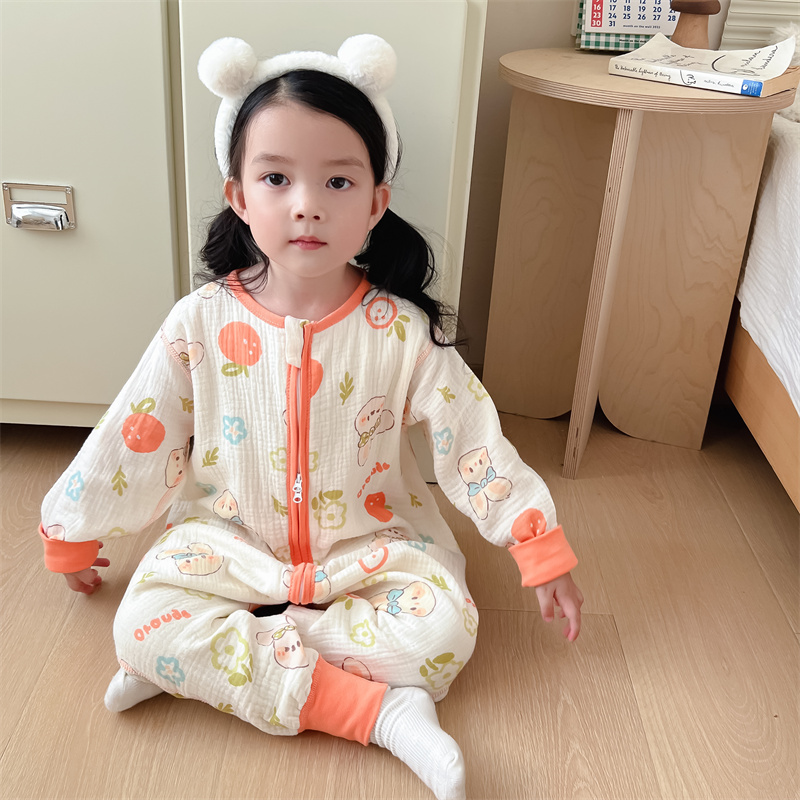 儿童纱布睡袋春夏薄款纯棉婴儿分腿防踢被夏天宝宝空调房连体睡衣