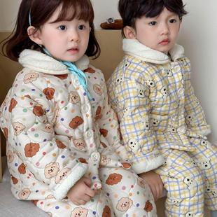 儿童三层夹棉睡衣冬季加厚男女童保暖宝宝加绒冬款小孩家居服套装