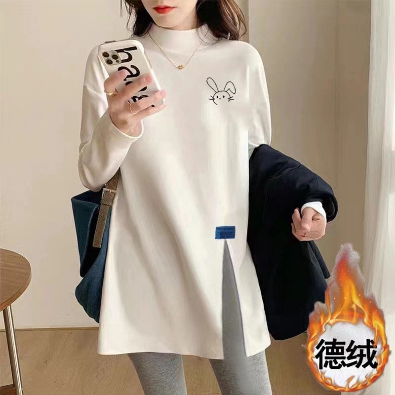 下摆开叉德绒打底衫女秋冬时尚洋T恤