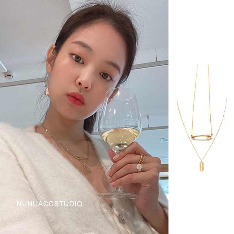 blackpink金智妮jennie同款纯银别针镶钻刀片爱心项链锁骨链颈链