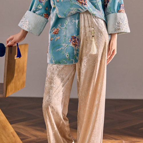 2026早秋新款新中式缎面阔腿裤国风提花休闲直筒裤长裤女 M2076