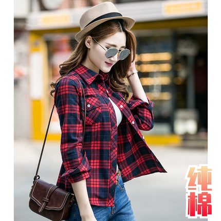 2025年春秋款纯棉格子衬衫女长袖外套版修身显瘦打底磨毛衬衣女装