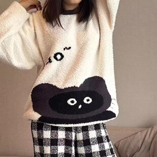 情侣睡衣男女秋冬季 加厚保暖可爱卡通家居服珊瑚绒套装 半边绒