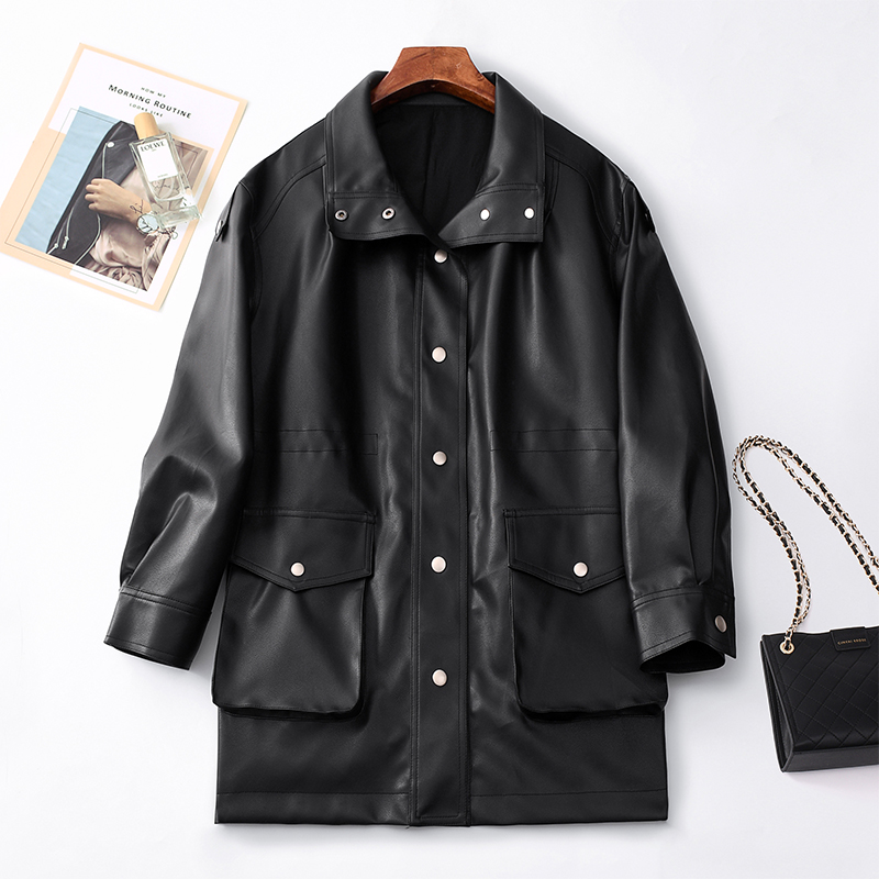 RAYAEVE飞机袋收腰中长皮衣新品