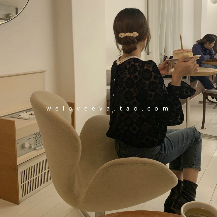 现货韩国代购年底黑色衬衫蕾丝