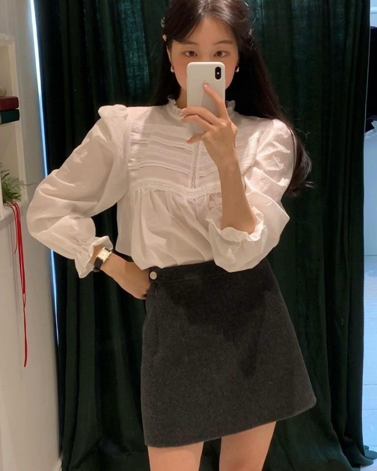 weloveeva韩国代购|SKINNYPIG同款少女蕾丝荷叶边长袖衬衫