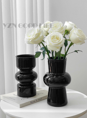 ins风玻璃花瓶黑色摆件法式客厅插花透明水养高级感装饰网红小众