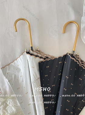 msho日系小清新蝴蝶结刺绣花边弯钩长柄伞遮阳防紫外线黑胶太阳伞