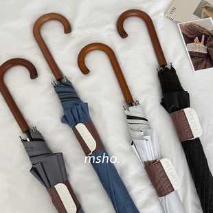 msho复古木柄长柄伞~防晒防紫外线晴雨两用伞简约纯色高颜值雨伞