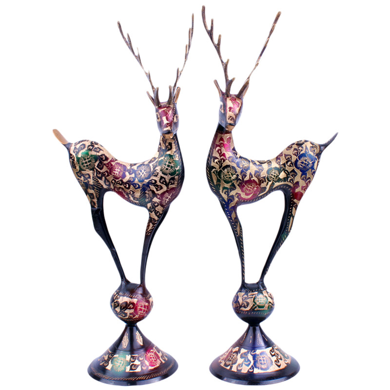 巴基斯坦铜器一鹿有你黄铜雕刻情侣对鹿家居新婚客厅玄关铜制摆u.