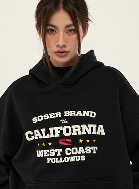 SOSER 重磅440g加绒 美式复古街头字母潮牌连帽卫衣男士女生情侣