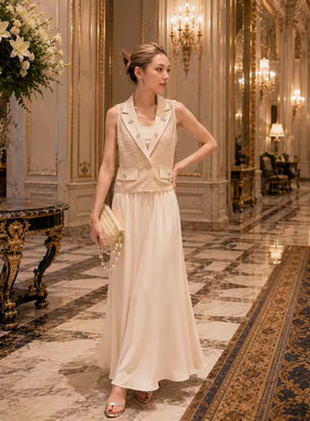 重工钉珠亮片流苏镂空马甲半裙三件套气质套装