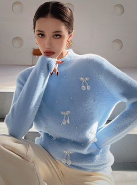 粉红大布娃娃浅蓝色显白重工钉珠中长款毛衣女宽松针织上衣春新款