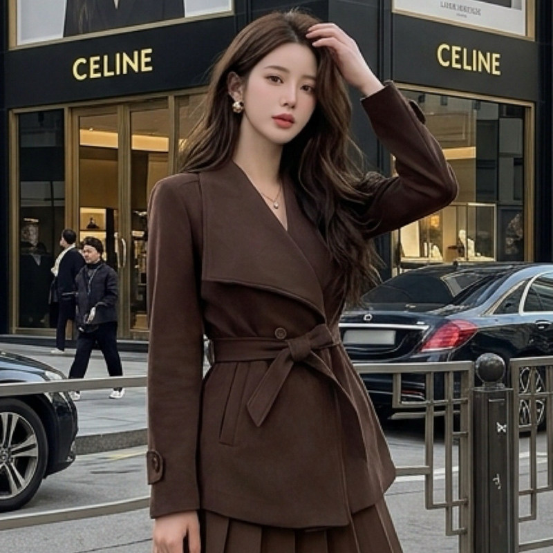 粉红大布娃娃复古翻领系带风衣外套收腰仿麂皮上衣女2026秋季新款