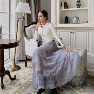 粉红大布娃娃灰色木耳边蛋糕裙女高腰显瘦长款纱裙2026春季新款
