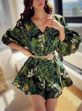 粉红大布娃娃法式度假风绿色叶子印花衬衫连衣裙女秋季小众穿搭