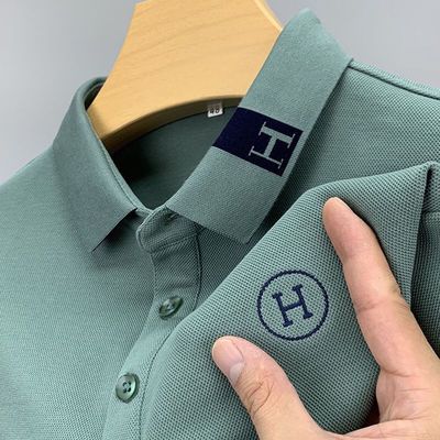 2023夏季冰丝新款男士短袖t恤纯棉翻领宽松刺绣POLO打底衫上衣服