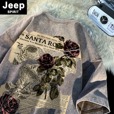 JEEPSPIRIT玫瑰印花短袖t恤男夏季美式复古水洗做旧宽松大码半袖T