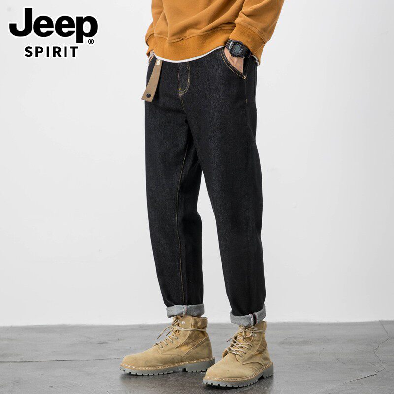 JEEPSPIRIT黑色宽松直筒牛仔裤男冬季加绒美式休闲大码潮流哈伦裤