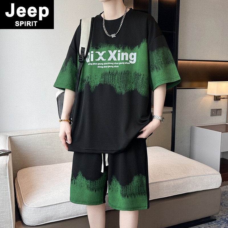 JEEPSPIRIT渐变色休闲运动套装男夏季薄款短袖短裤男装冰丝两件套