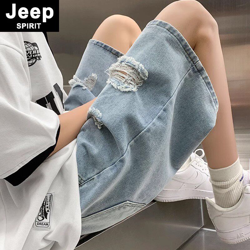JEEPSPIRIT破洞牛仔短裤男款夏季2026新款潮牌薄款宽松直筒五分裤