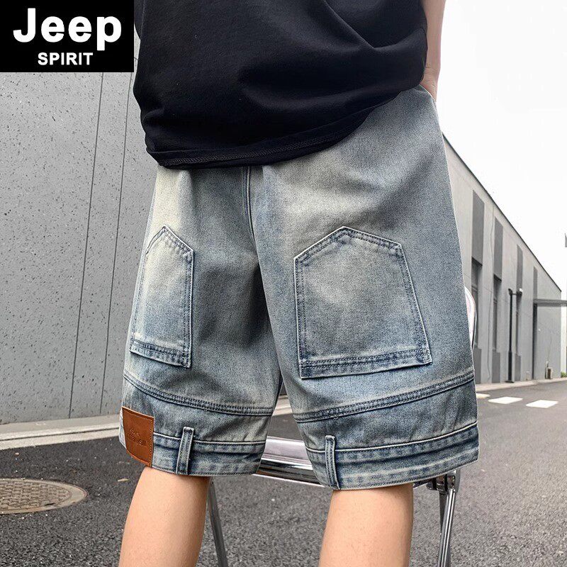 JEEPSPIRIT美式高街反向倒装牛仔短裤男款夏季新款潮牌休闲五分裤