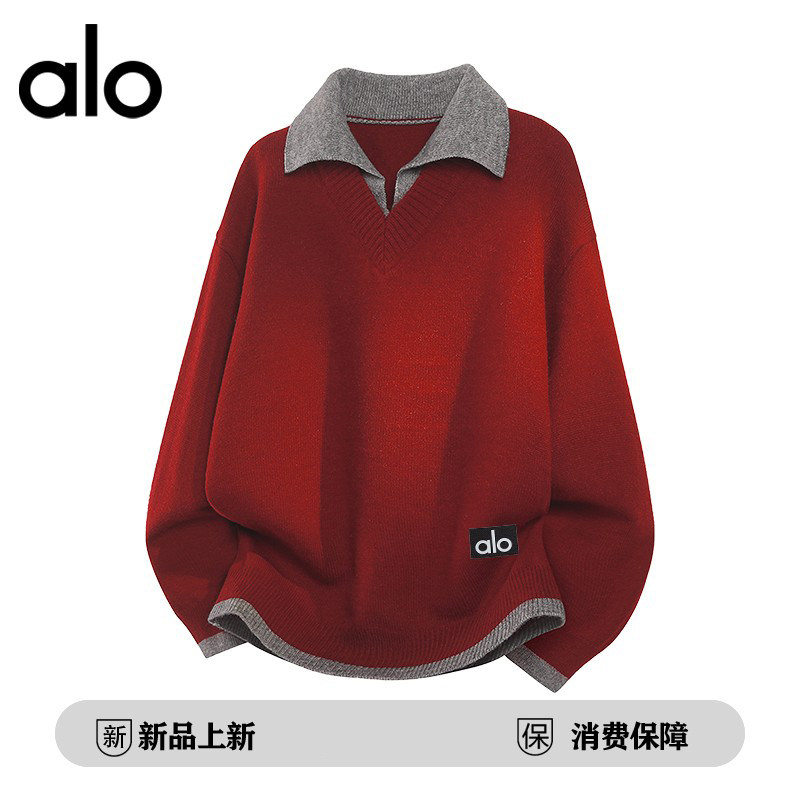 官方奥特莱斯品牌折扣 秋冬季翻领假两件保暖休闲男女套头毛衣