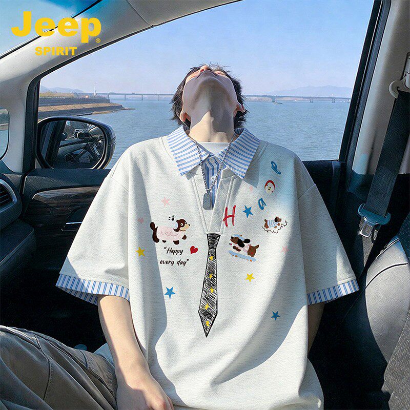 JEEPSPIRIT吉普假两件涂鸦半袖POLO衫男款夏季美式学院风短袖T恤